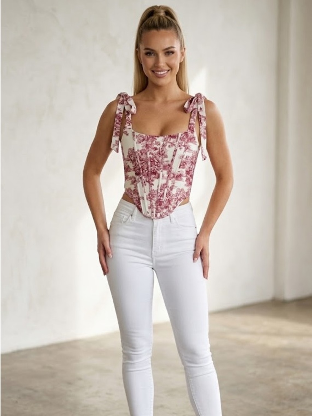 Fashion Nova Red White Toile Print Corse